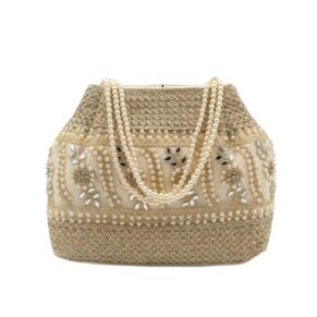 ITALISH Silk Blend Potli Bags for Ladies for Wedding with Faux Pearl Beaded Handle Zari Embroidery Mirror Work Magnetic Closure 17x16x6 cm
