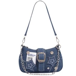 ITALISH Denim Sling Bag Small for Women Stylish with Star Patches Silver Chain Strap 22x14x6 cm Casual Hand Bag for Girls for Daily Use