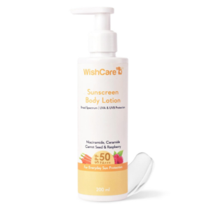 WishCare Sunscreen Body Lotion with SPF 50 PA+++ In- Vivo Tested | Body Sunscreen With Broad Spectrum UVA & UVB Protection, No White Cast | With Carrot Seed & Raspberry | For All Skin Types | For Women & Men | 200ml